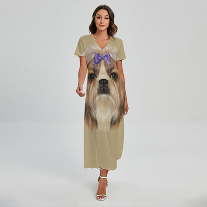 Shih Tzu Portrait Print Short Sleeve Maxi Dress