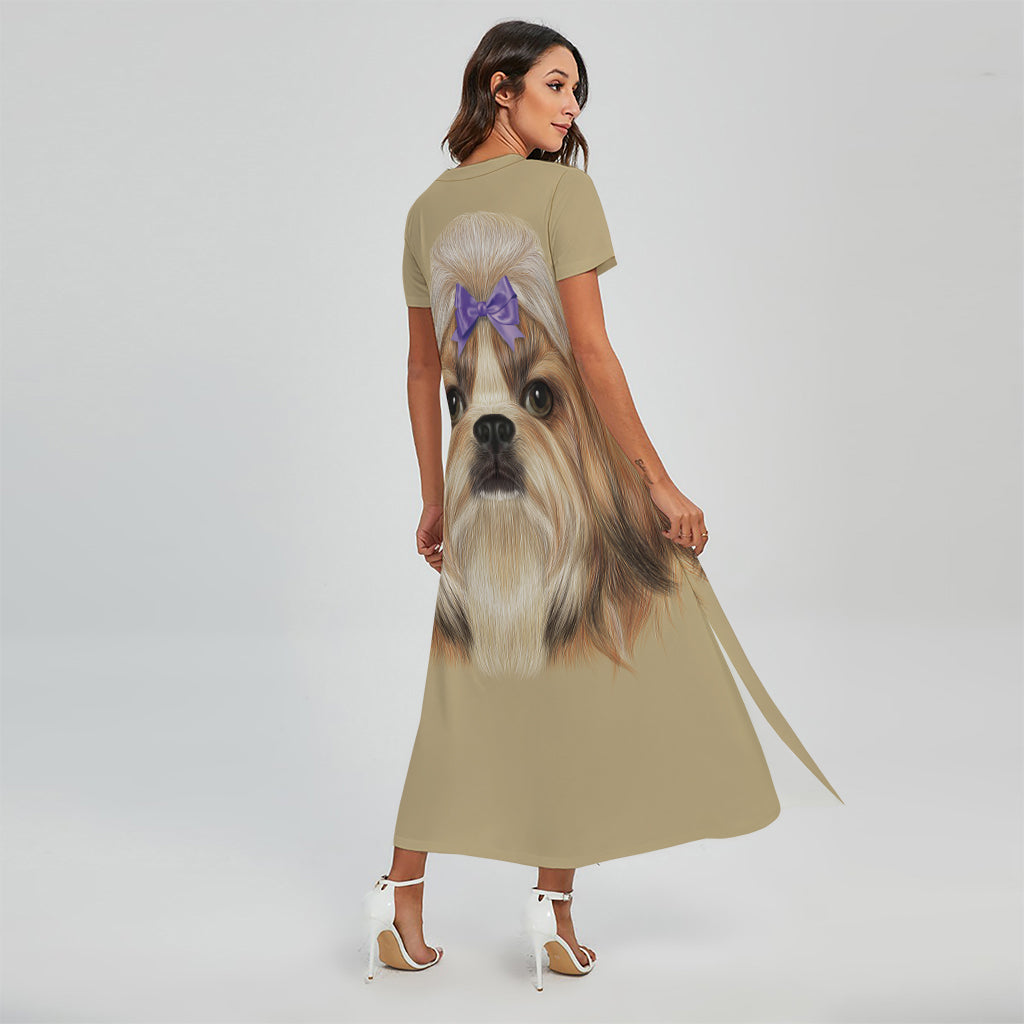 Shih Tzu Portrait Print Short Sleeve Maxi Dress