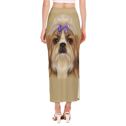 Shih Tzu Portrait Print Side Slit Maxi Skirt