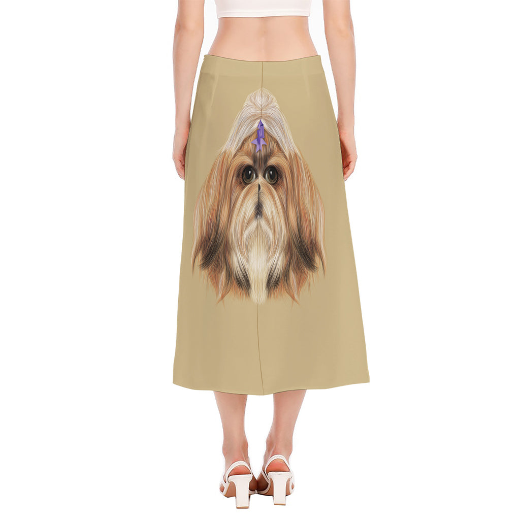 Shih Tzu Portrait Print Side Slit Midi Skirt
