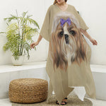 Shih Tzu Portrait Print Silk V-Neck Kaftan Dress