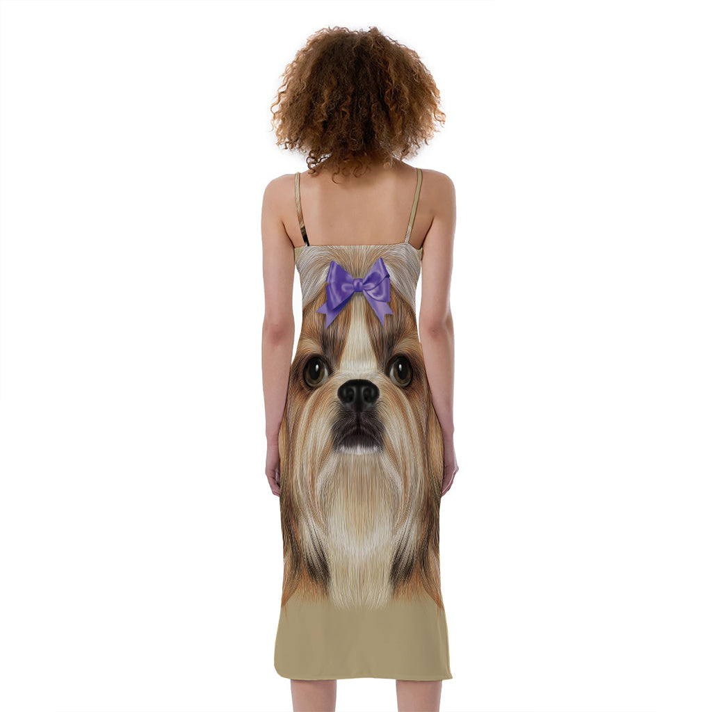Shih Tzu Portrait Print Slim Fit Midi Cami Dress