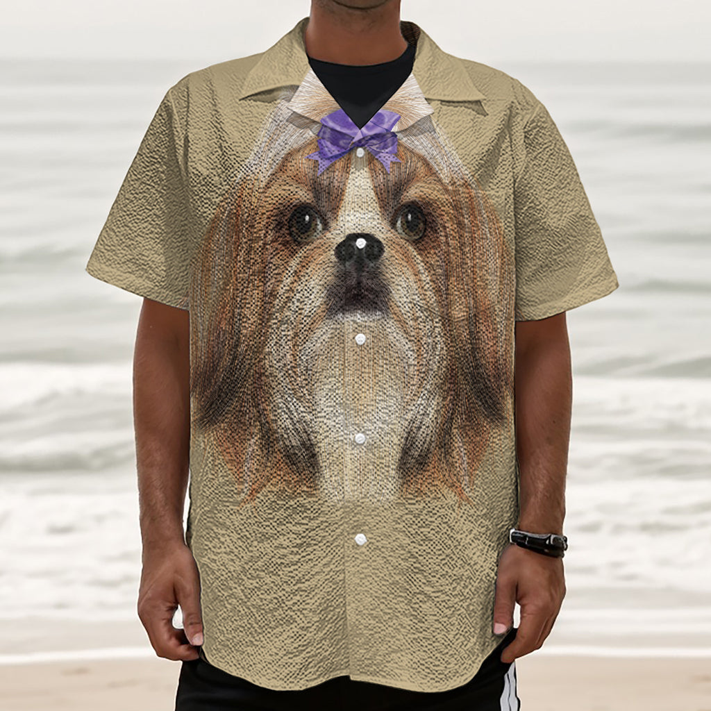 Shih Tzu Portrait Print Textured Short Sleeve Shirt