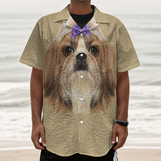 Shih Tzu Portrait Print Textured Short Sleeve Shirt
