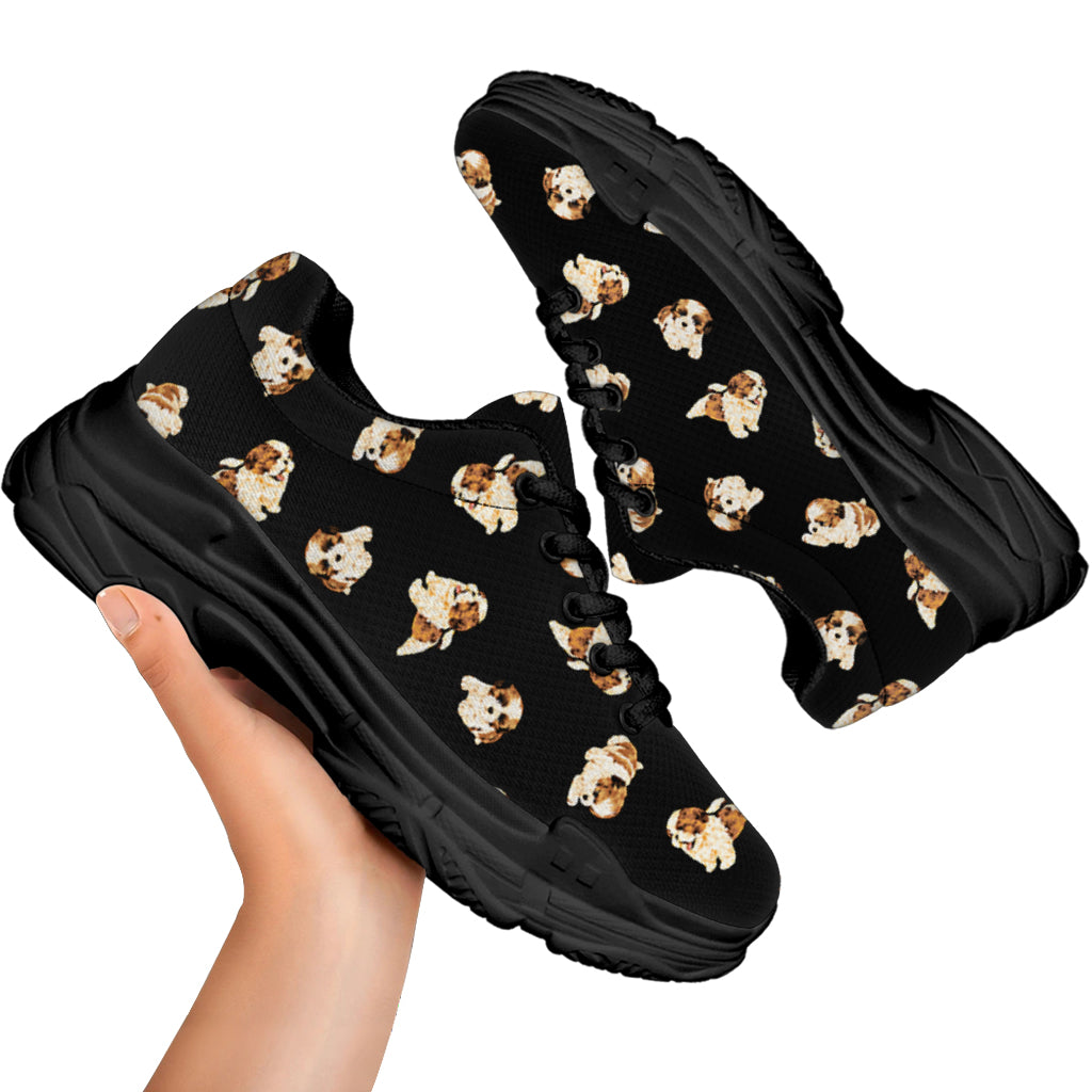 Shih Tzu Puppy Pattern Print Black Chunky Shoes
