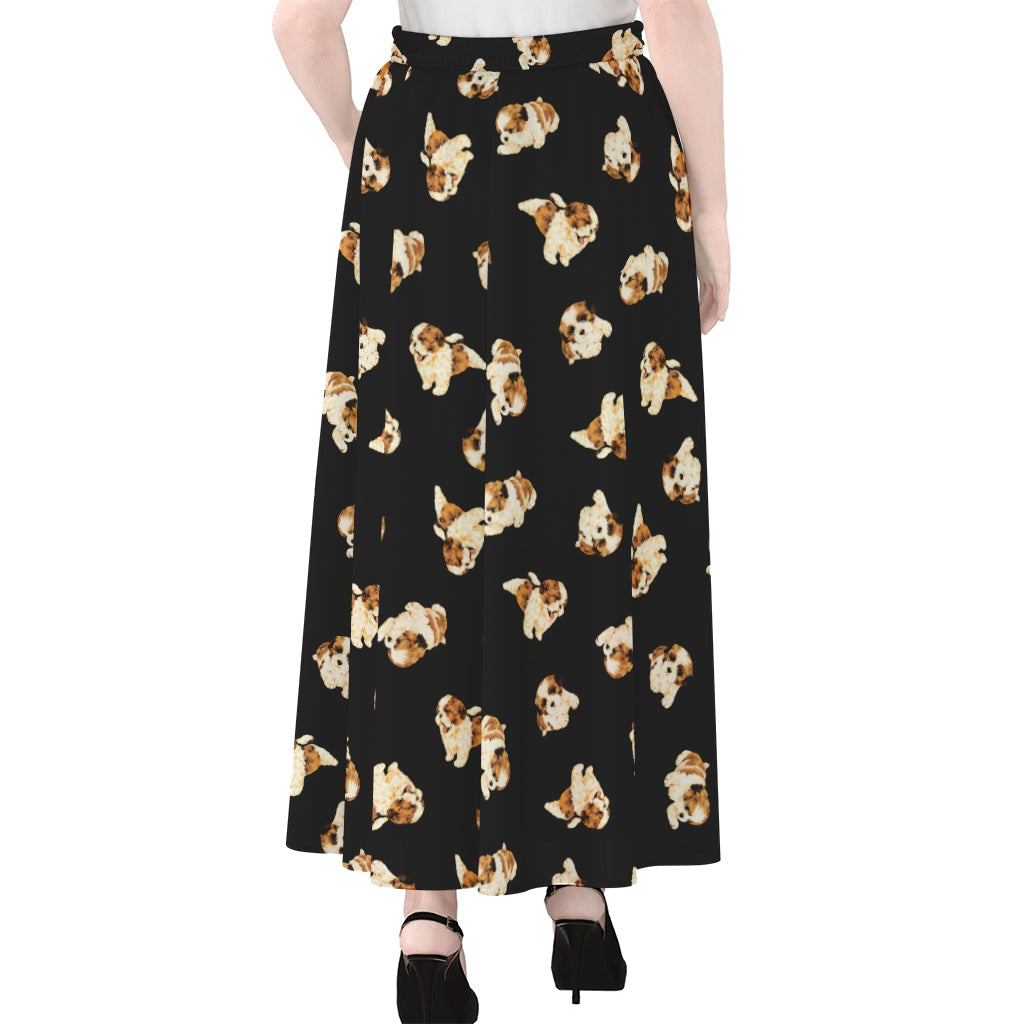 Shih Tzu Puppy Pattern Print Chiffon Maxi Skirt