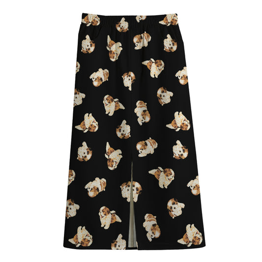 Shih Tzu Puppy Pattern Print Cotton Front Slit Maxi Skirt
