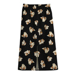 Shih Tzu Puppy Pattern Print Cotton Front Slit Maxi Skirt
