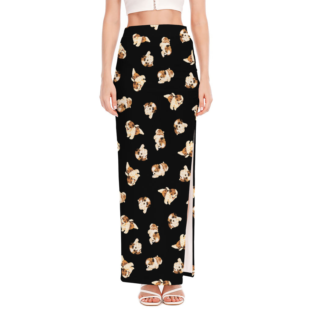 Shih Tzu Puppy Pattern Print High Slit Maxi Skirt