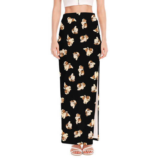 Shih Tzu Puppy Pattern Print High Slit Maxi Skirt