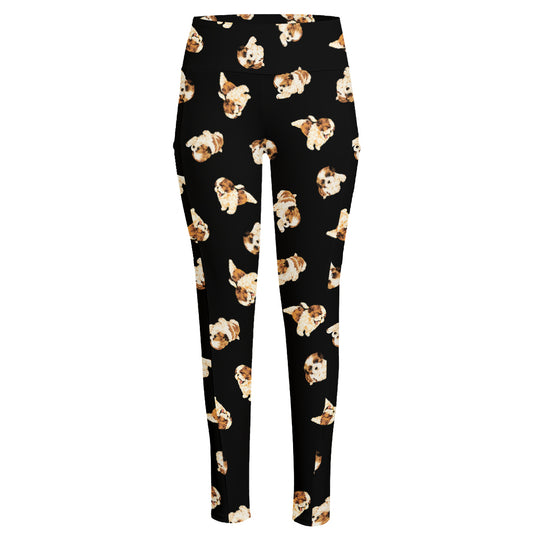 Shih Tzu Puppy Pattern Print High-Waisted Pocket Leggings