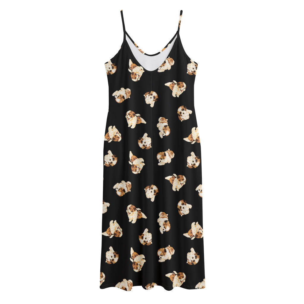 Shih Tzu Puppy Pattern Print Jersey Midi Cami Dress