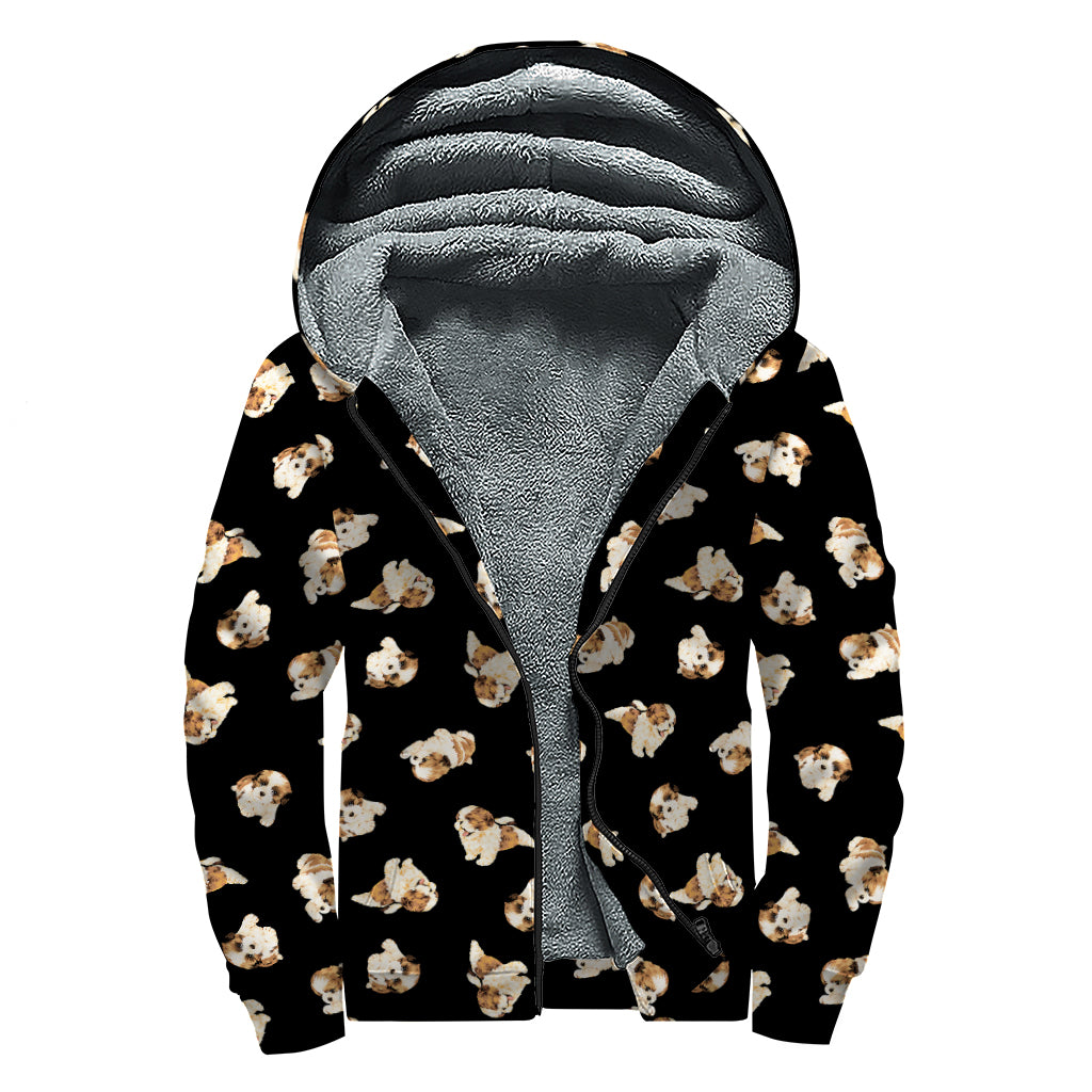 Shih Tzu Puppy Pattern Print Sherpa Lined Zip Up Hoodie