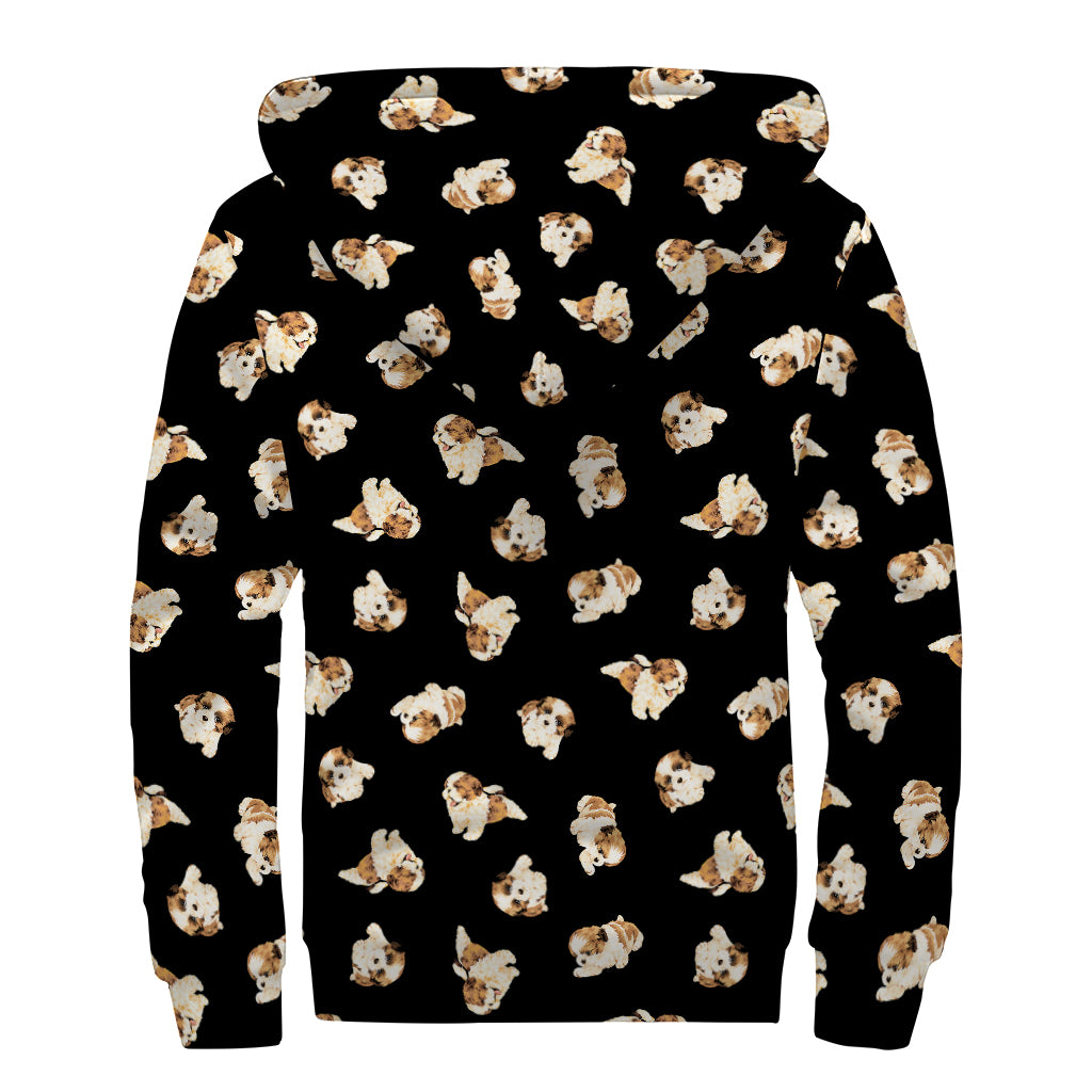 Shih Tzu Puppy Pattern Print Sherpa Lined Zip Up Hoodie