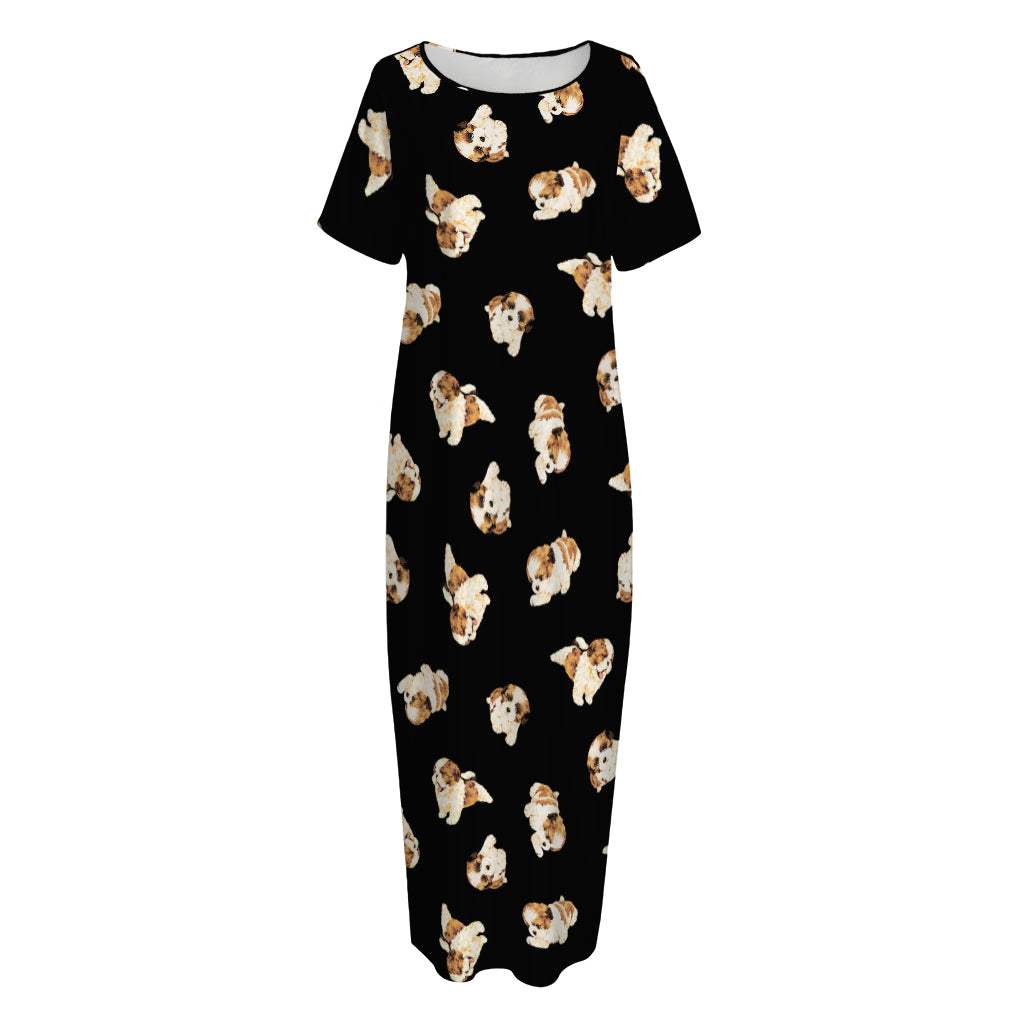 Shih Tzu Puppy Pattern Print Short Sleeve Long Nightdress