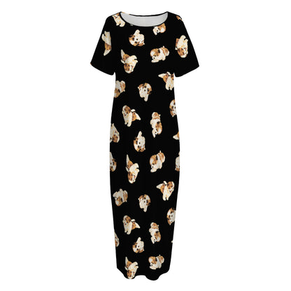Shih Tzu Puppy Pattern Print Short Sleeve Long Nightdress