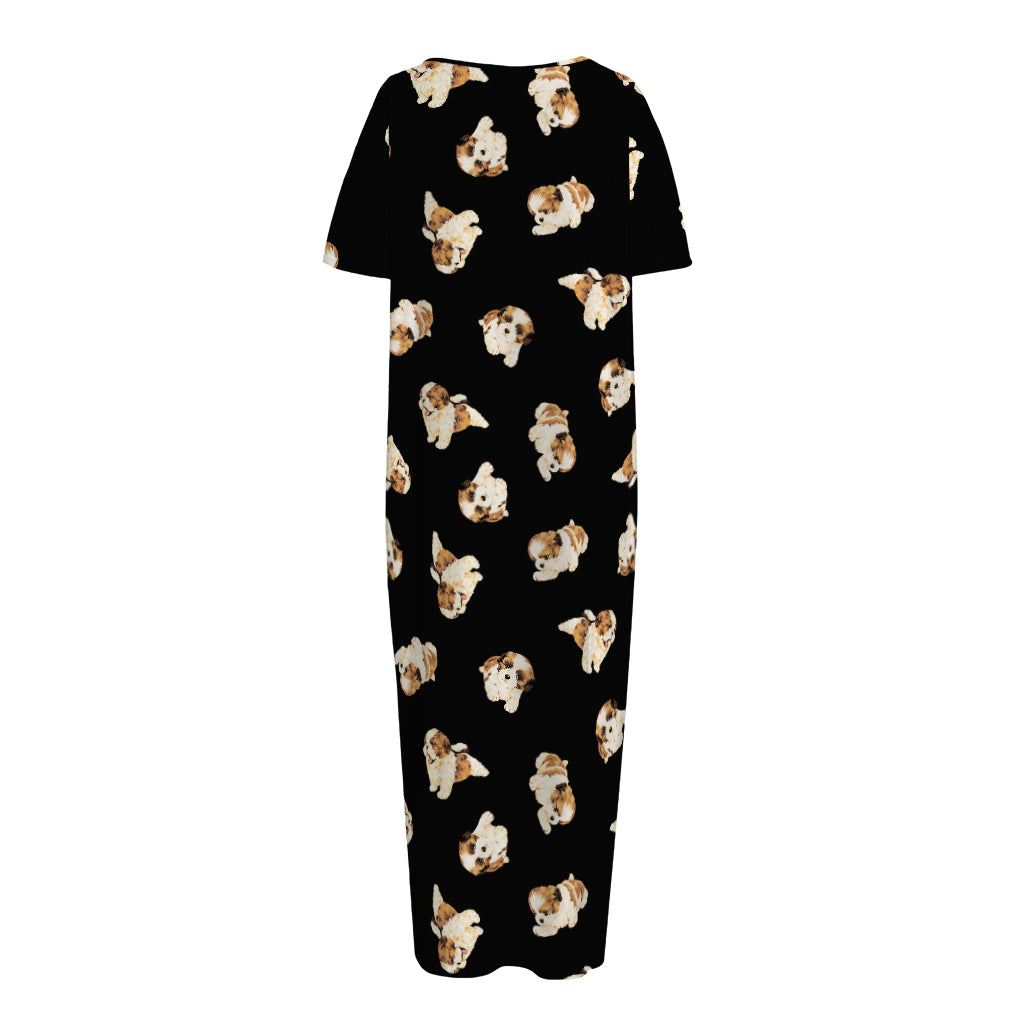 Shih Tzu Puppy Pattern Print Short Sleeve Long Nightdress