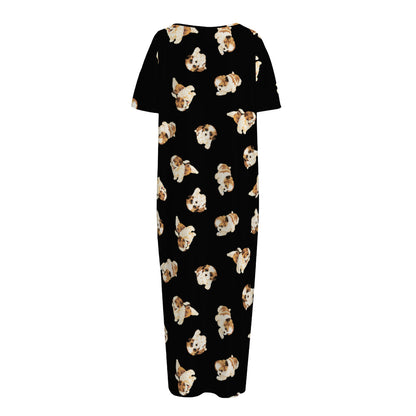 Shih Tzu Puppy Pattern Print Short Sleeve Long Nightdress