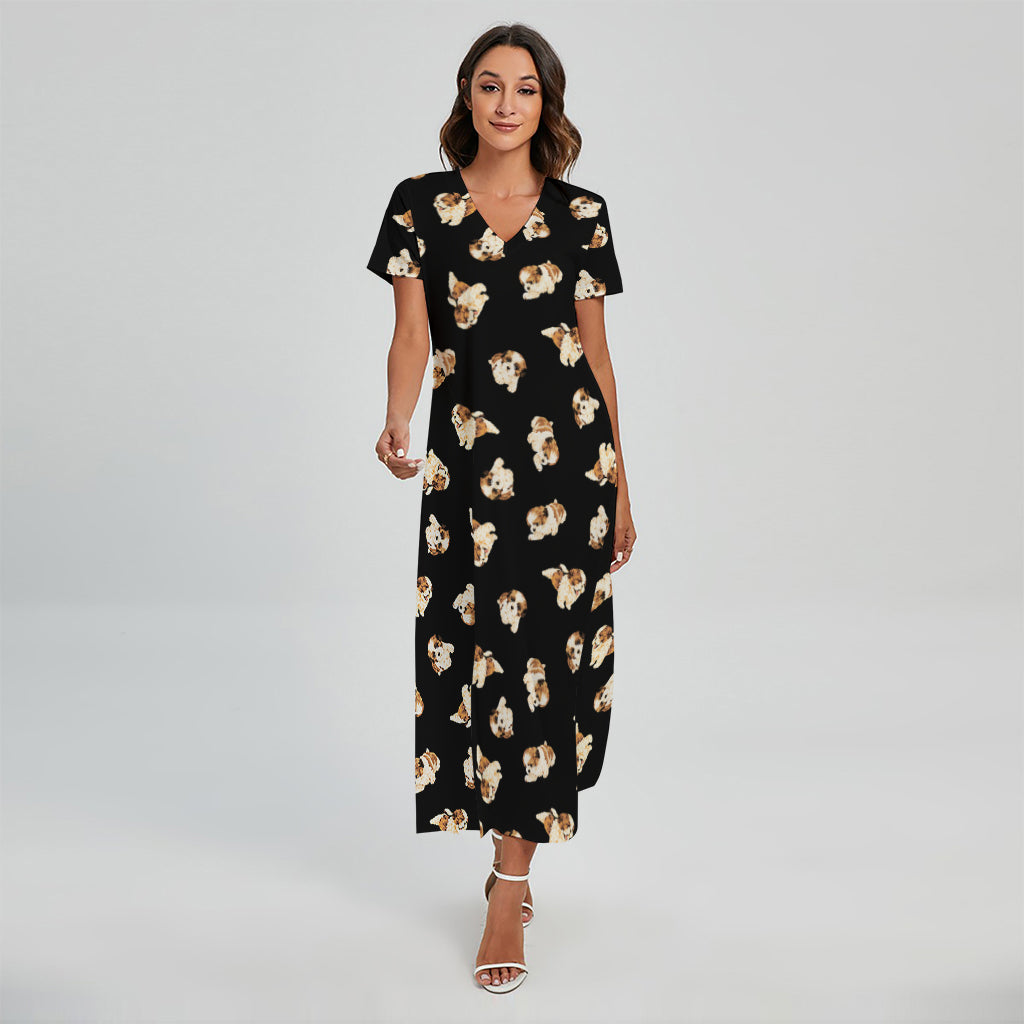 Shih Tzu Puppy Pattern Print Short Sleeve Maxi Dress