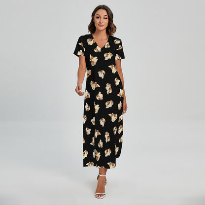 Shih Tzu Puppy Pattern Print Short Sleeve Maxi Dress
