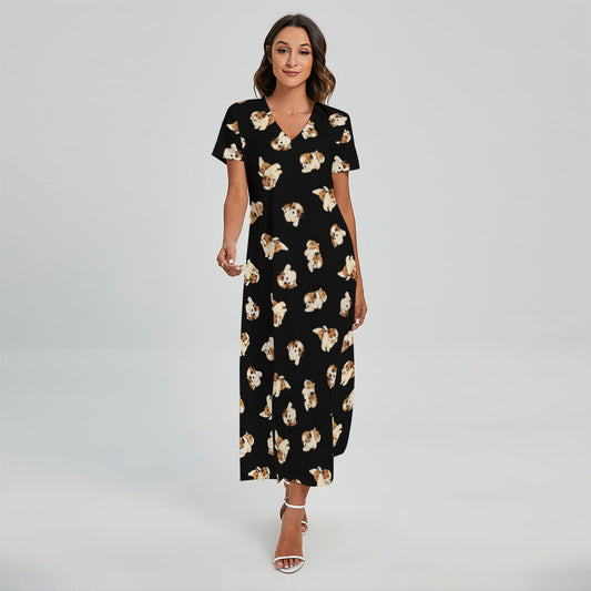 Shih Tzu Puppy Pattern Print Short Sleeve Maxi Dress