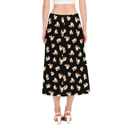 Shih Tzu Puppy Pattern Print Side Slit Midi Skirt
