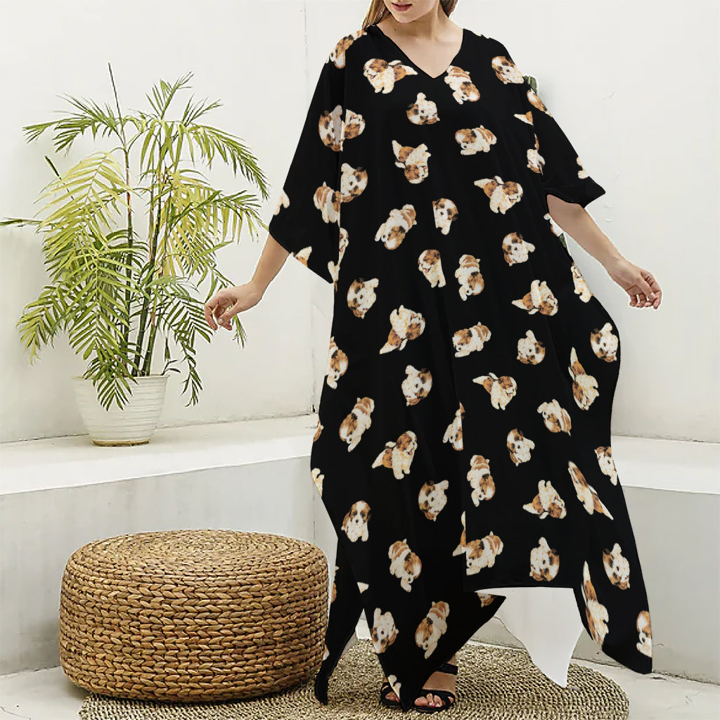 Shih Tzu Puppy Pattern Print Silk V-Neck Kaftan Dress