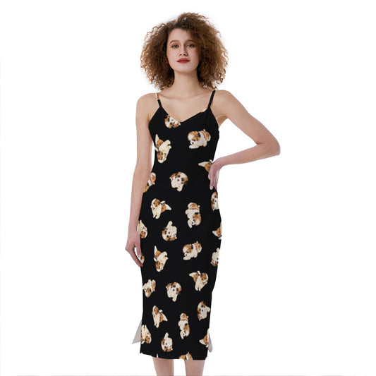 Shih Tzu Puppy Pattern Print Slim Fit Midi Cami Dress
