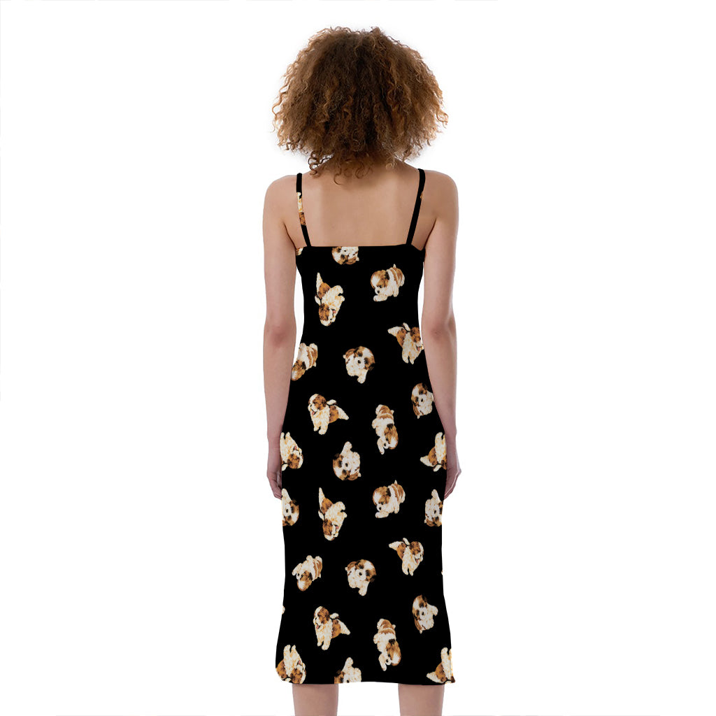 Shih Tzu Puppy Pattern Print Slim Fit Midi Cami Dress