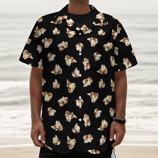 Shih Tzu Puppy Pattern Print Textured Short Sleeve Shirt