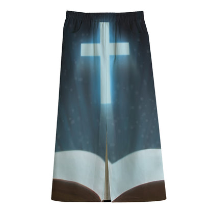 Shining Holy Bible Print Cotton Front Slit Maxi Skirt