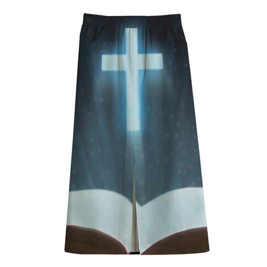Shining Holy Bible Print Cotton Front Slit Maxi Skirt