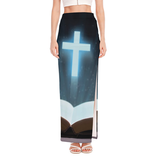 Shining Holy Bible Print High Slit Maxi Skirt