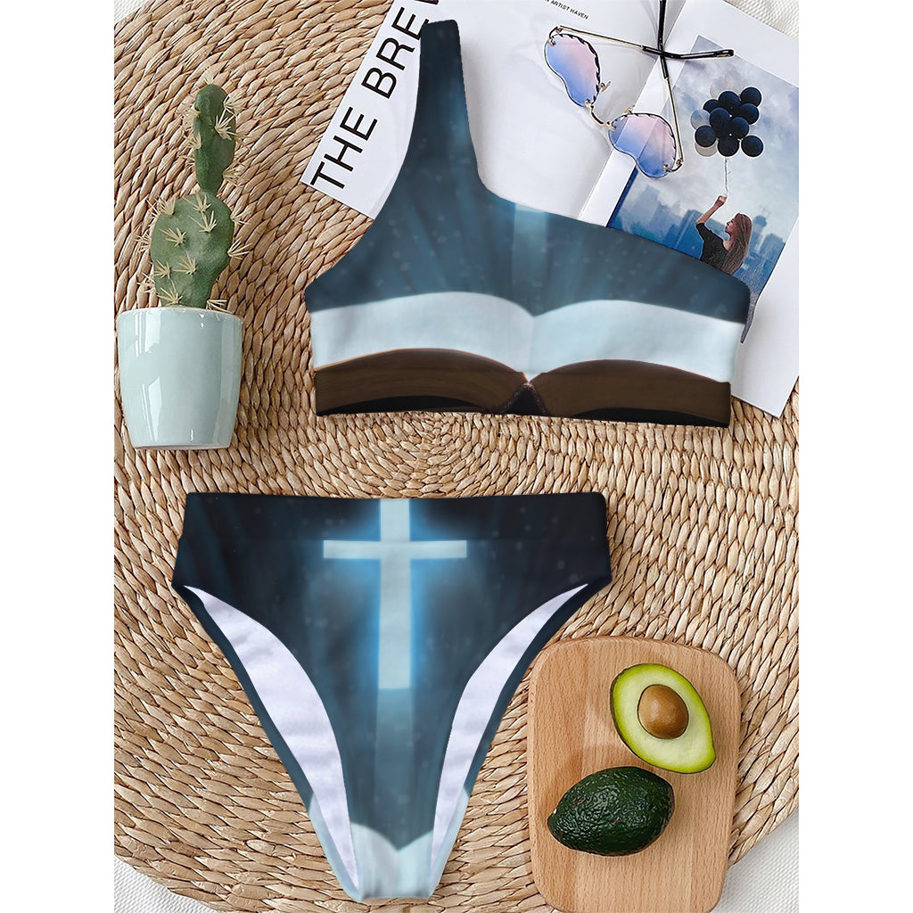 Shining Holy Bible Print One Shoulder Bikini Top