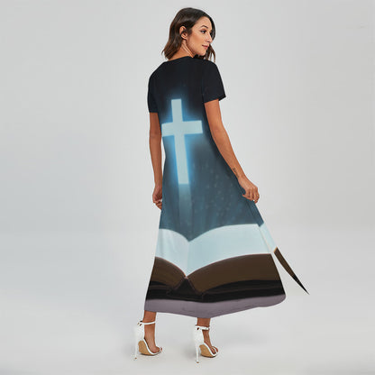 Shining Holy Bible Print Short Sleeve Maxi Dress