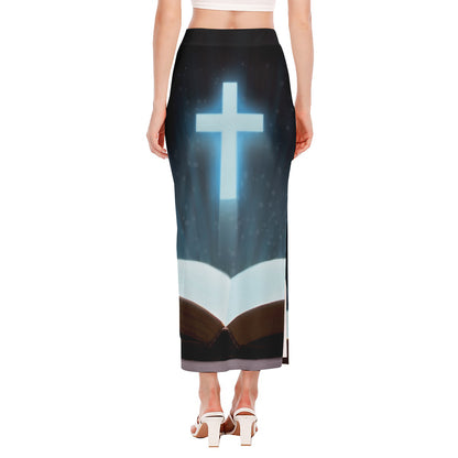 Shining Holy Bible Print Side Slit Maxi Skirt