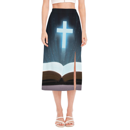 Shining Holy Bible Print Side Slit Midi Skirt
