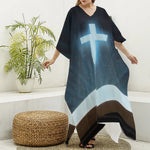 Shining Holy Bible Print Silk V-Neck Kaftan Dress