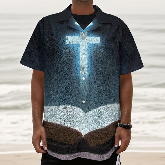 Shining Holy Bible Print Textured Short Sleeve Shirt