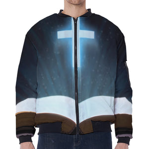 Shining Holy Bible Print Zip Sleeve Bomber Jacket