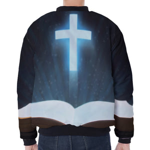 Shining Holy Bible Print Zip Sleeve Bomber Jacket