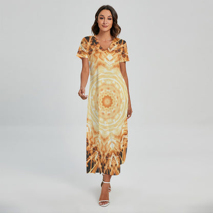 Shining Kaleidoscope Print Short Sleeve Maxi Dress
