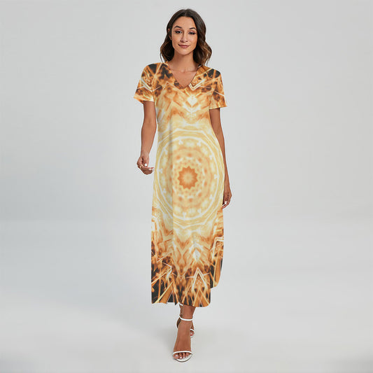 Shining Kaleidoscope Print Short Sleeve Maxi Dress