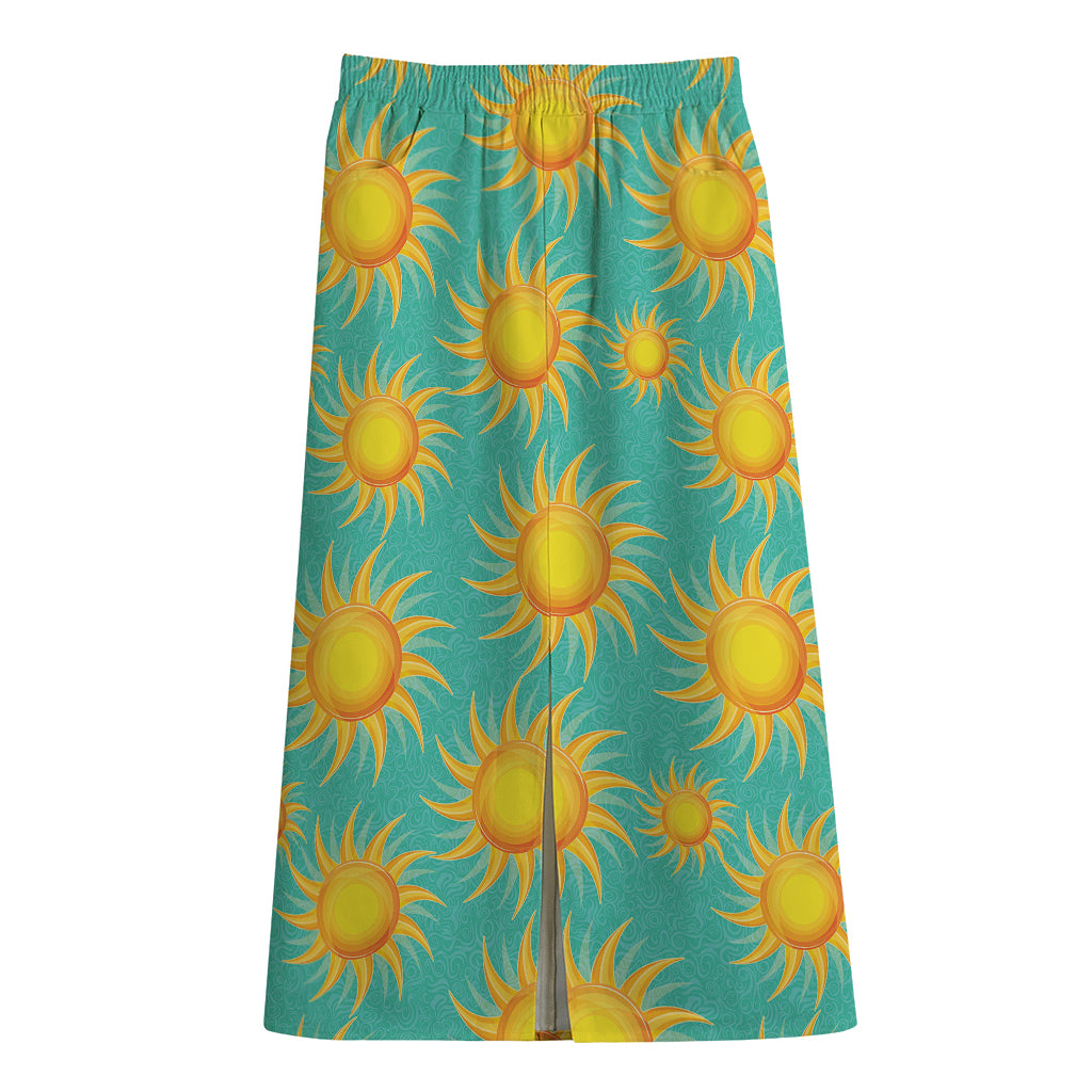Shiny Sun Pattern Print Cotton Front Slit Maxi Skirt