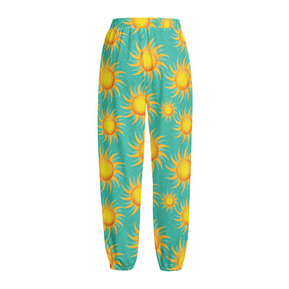 Shiny Sun Pattern Print Fleece Lined Knit Pants