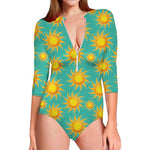 Shiny Sun Pattern Print Long Sleeve Swimsuit