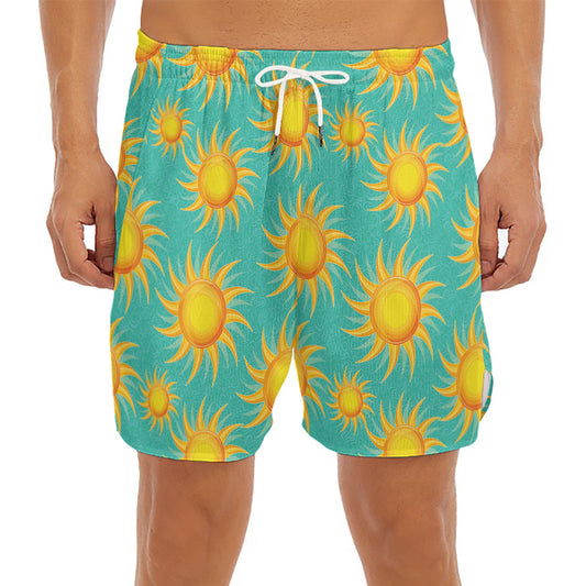 Shiny Sun Pattern Print Men's Split Running Shorts