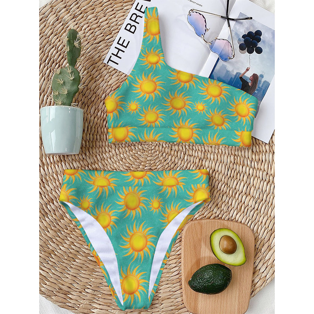 Shiny Sun Pattern Print One Shoulder Bikini Top