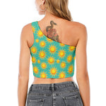 Shiny Sun Pattern Print One Shoulder Crop Top