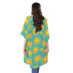 Shiny Sun Pattern Print Open Front Beach Cover Up